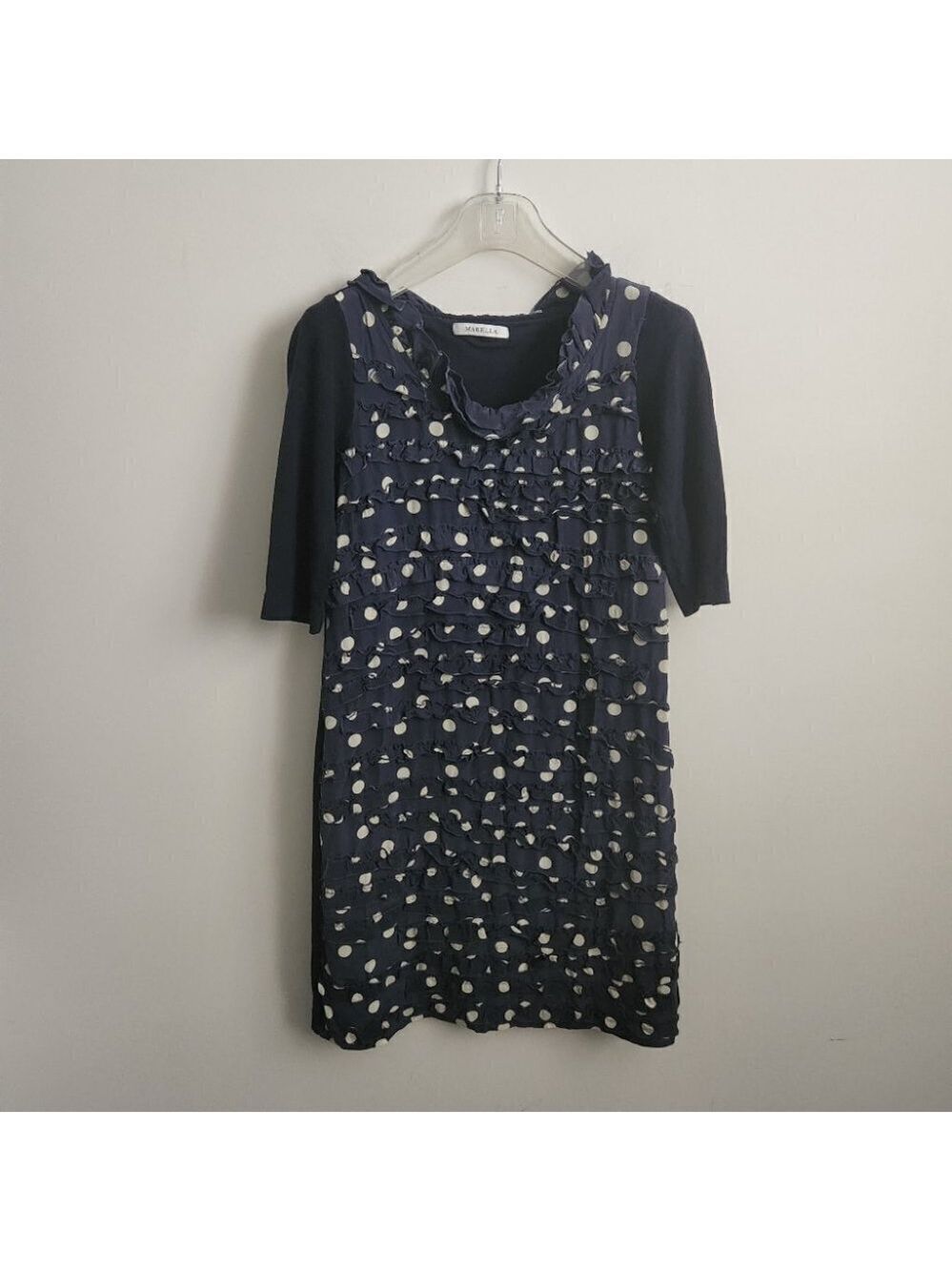 MARELLA | silk cotton dress polka dot ruffles navy white sz S